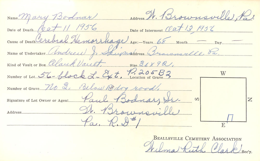 Mary Bodnar burial card